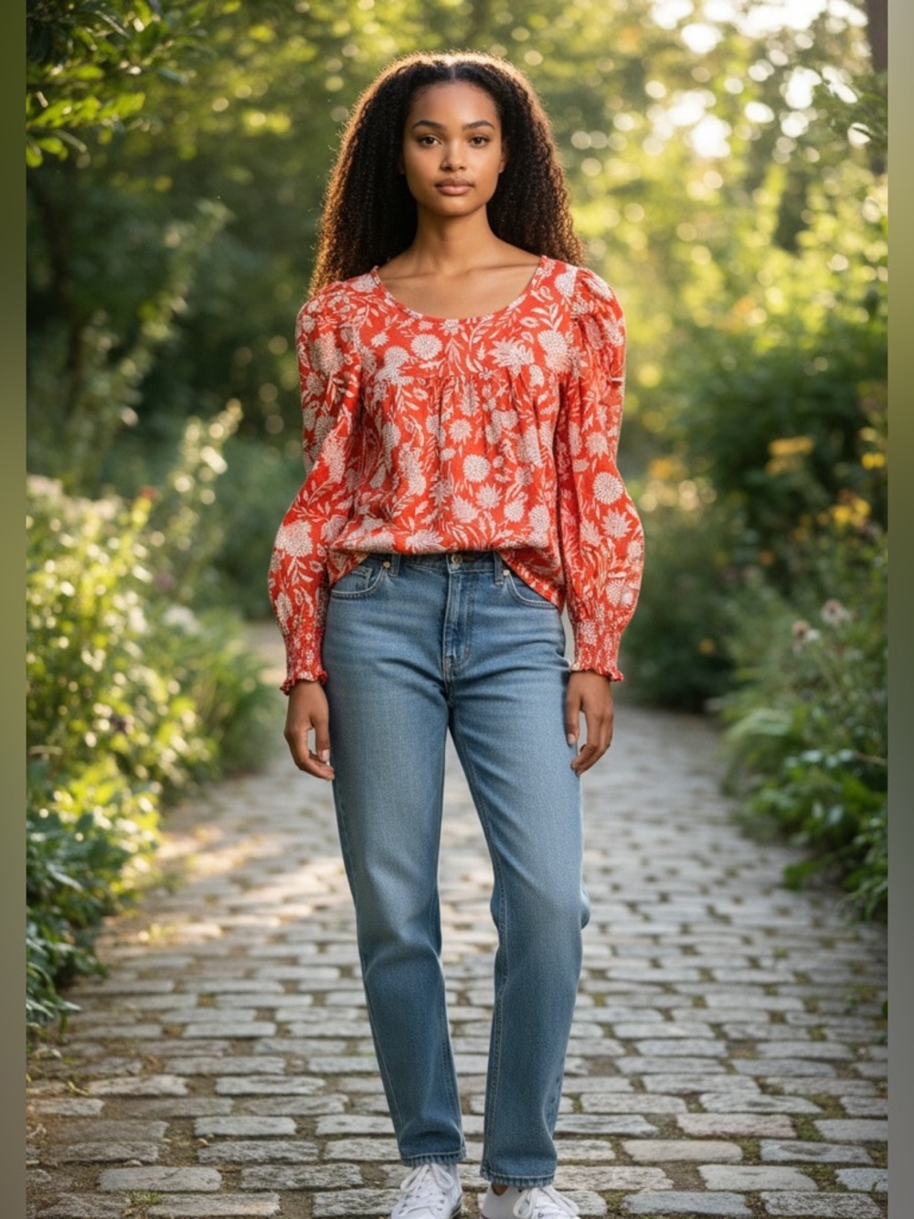 Universal Thread Floral Peasant Blouse - Coral and White